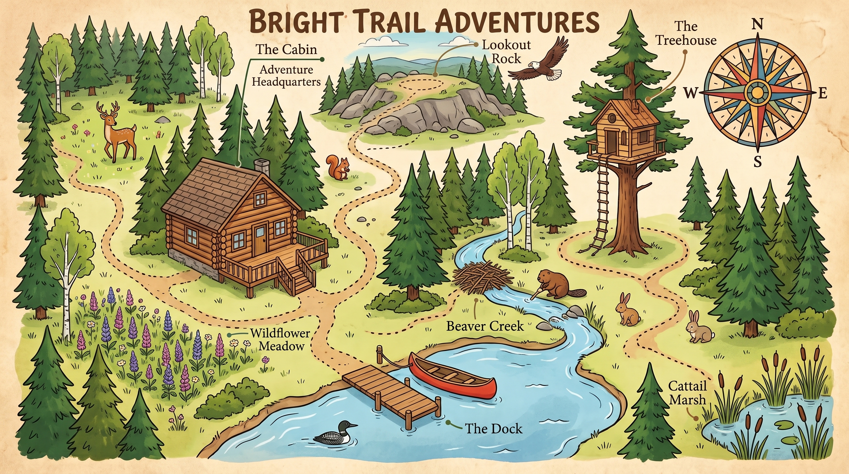 Illustrated map of the Bright Trail world: the cabin, the dock, Beaver Creek, Lookout Rock, the treehouse, Wildflower Meadow and Cattail Marsh